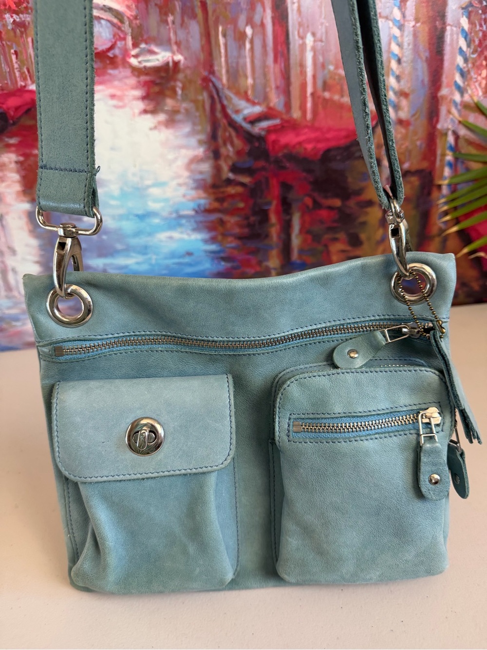 Roots Canada Aqua Blue Genuine Leather Multi Pocket Crossbody Bag